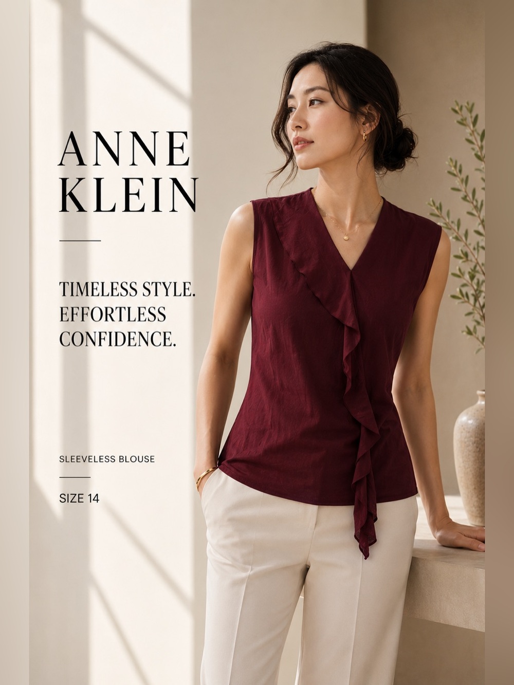 Anne Klein Women's Sleeveless Ruffle V-Neck Blouse - Burgundy size 14 xl